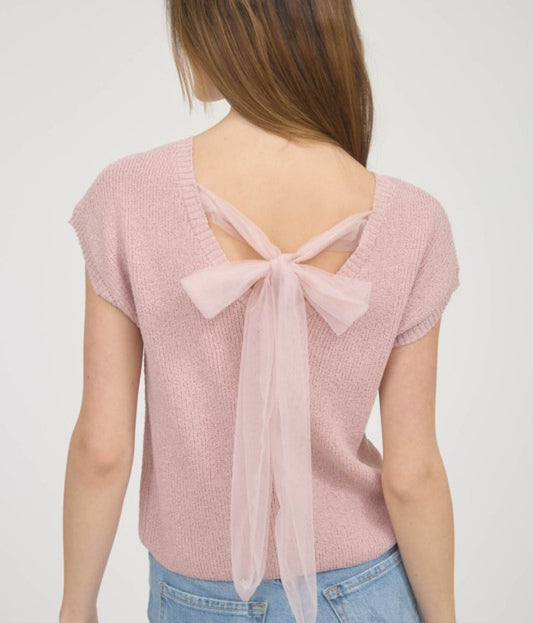Dusty Pink Short Sleeve Sweater w/Sheer Bow Top