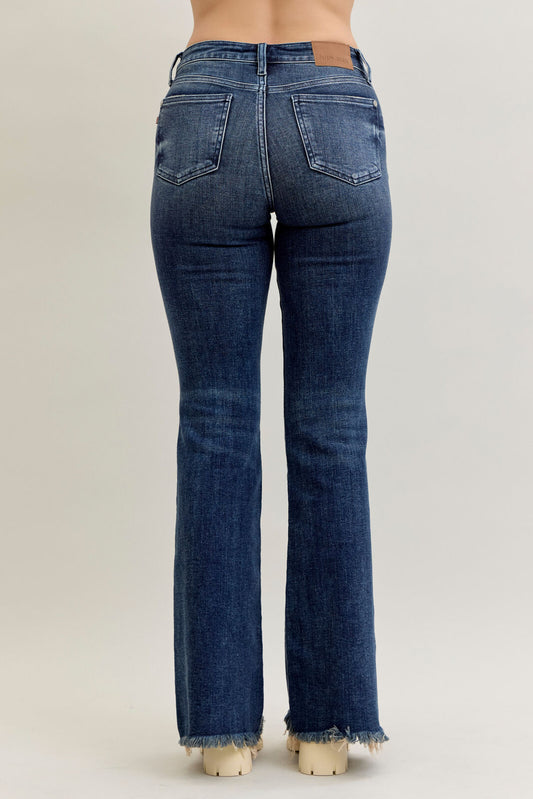Judy Blue Mid Rise Dark Wash Distressed Flare with Fray Hem