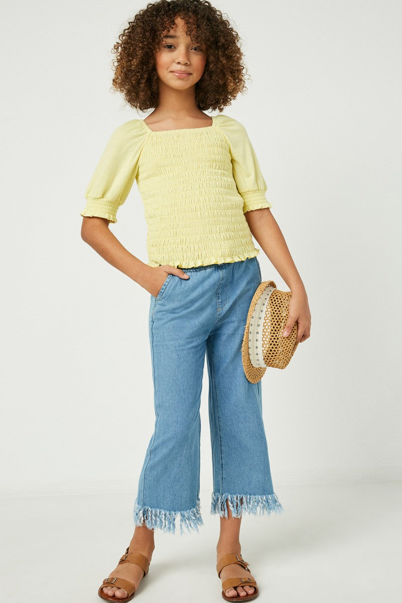Girls Yellow Smocked Square Neck Knit Top