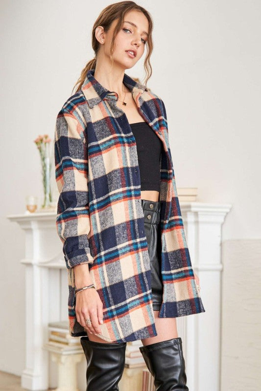 Navy & Tan Plaid Long Shacket w/Pockets
