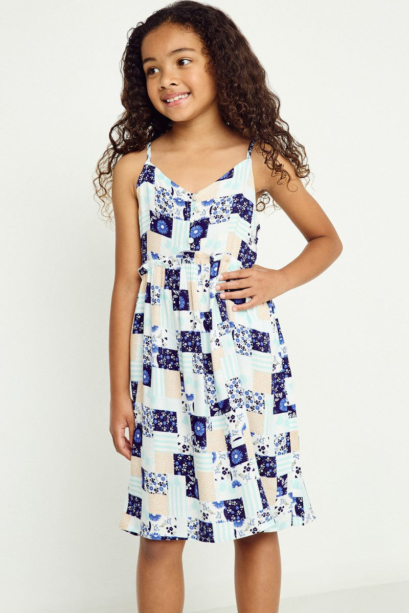 Girls Buttoned Sleeveless Handerchief Print Dress