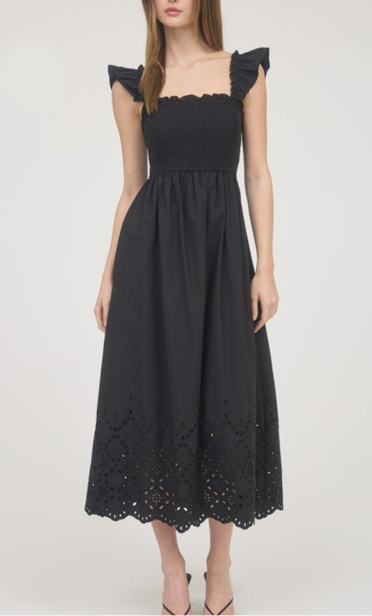 SALE! Black Smocked Ruffle Sleeve & Eyelet Hem Dress