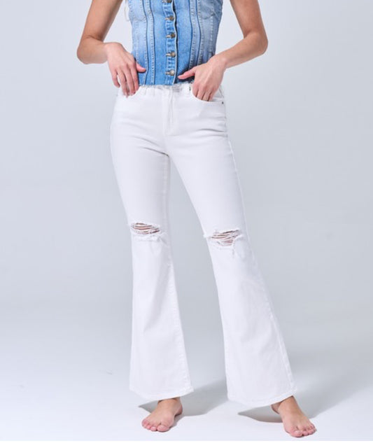 White High Rise Flare w/ Distressed Knee