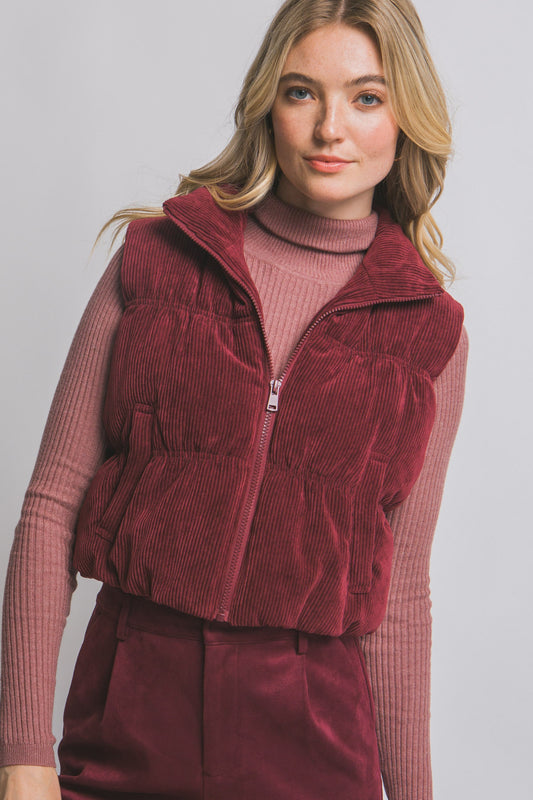 Burgundy Corduroy Zip Up Puffer Vest