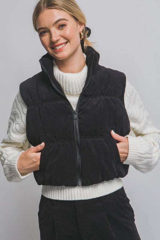Black Corduroy Zip Up Puffer Vest