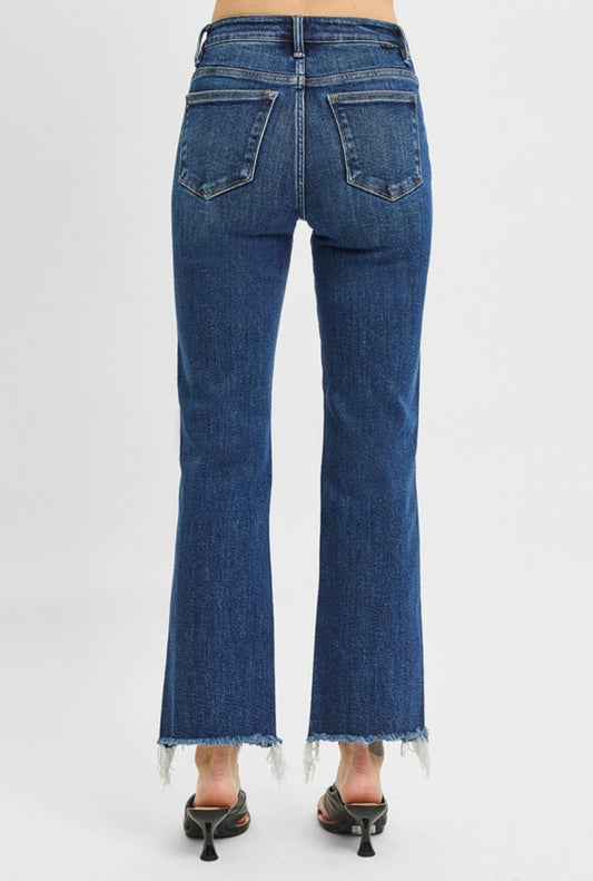 Risen High Rise Dark Wash Tummy Control Straight Raw Hem