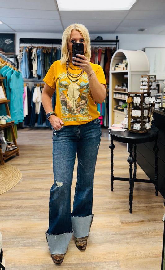 SALE! Mid Rise Relaxed Wide Cuff Dark Denim