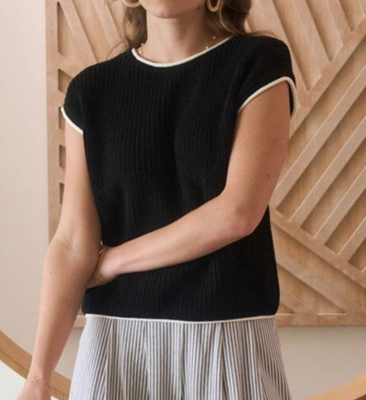 Black Contrast Trim & Button Back Sweater Top