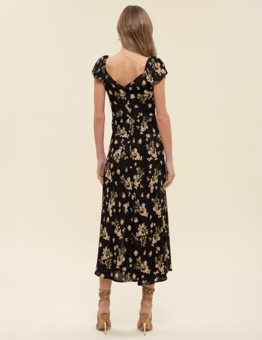 Black Floral V Neck Midi Dress