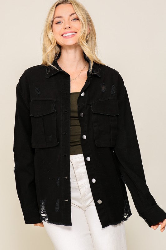 Black Distressed Oversized Denim Jacket
