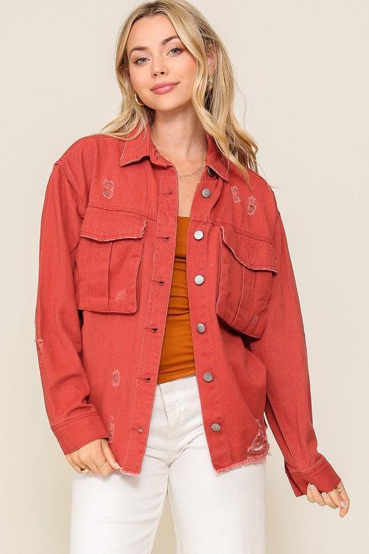 Rust Distressed Oversized Denim Jacket