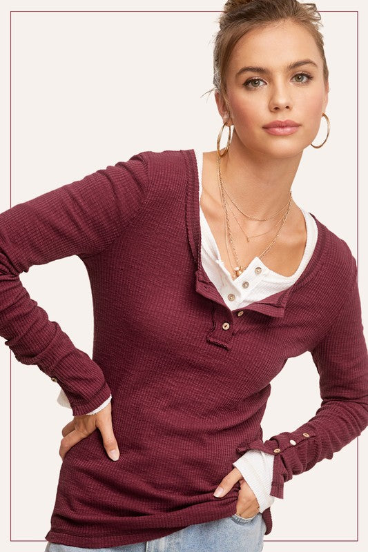 Wine Button Ribbed Henley Long Sleeve Top