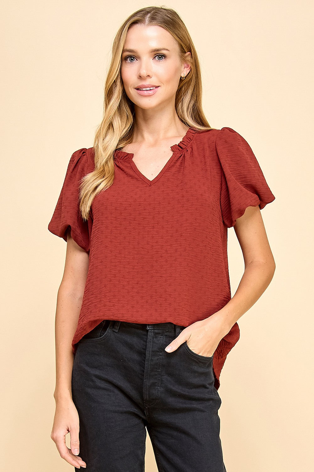 Brick V-Neck Blouse w/Balloon Short Sleeve