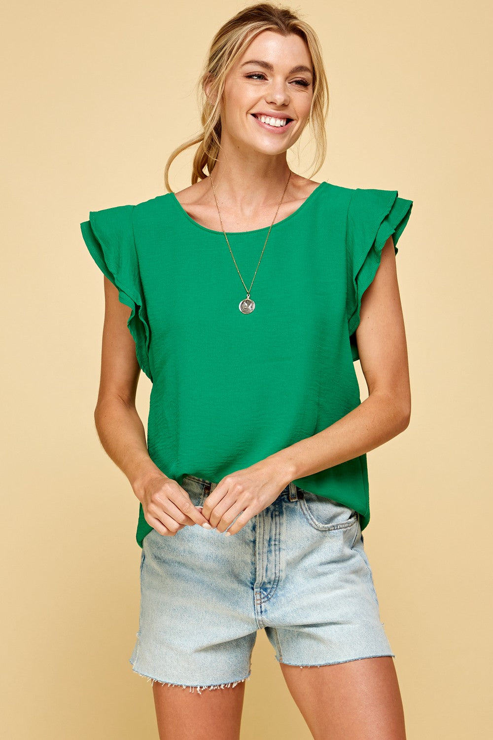 Kelly Green Double Ruffle Cap Sleeve Blouse