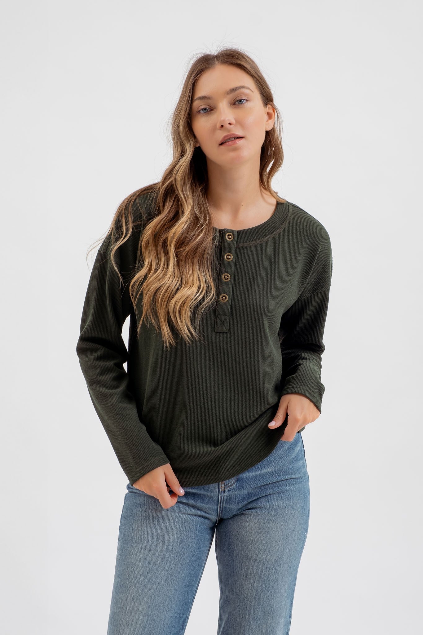 Green Half Button Down Long Sleeve Henley Knit Top