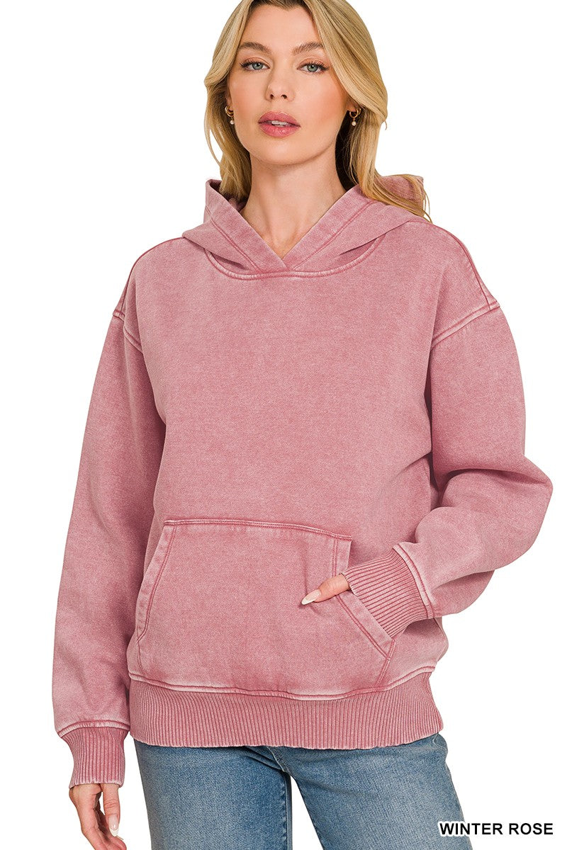 Dusty Rose Fleece acid Wash Hoodie with Pocket