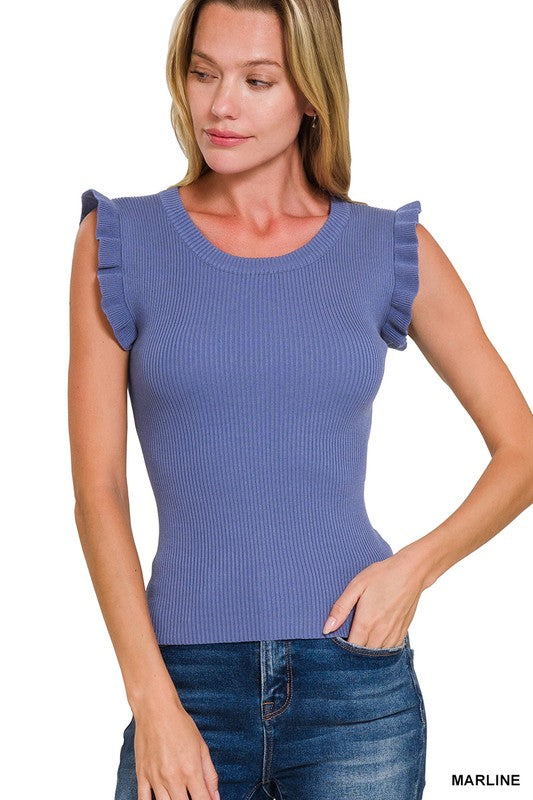 Iris Ruffle Trim Ribbed Sleeveless Top
