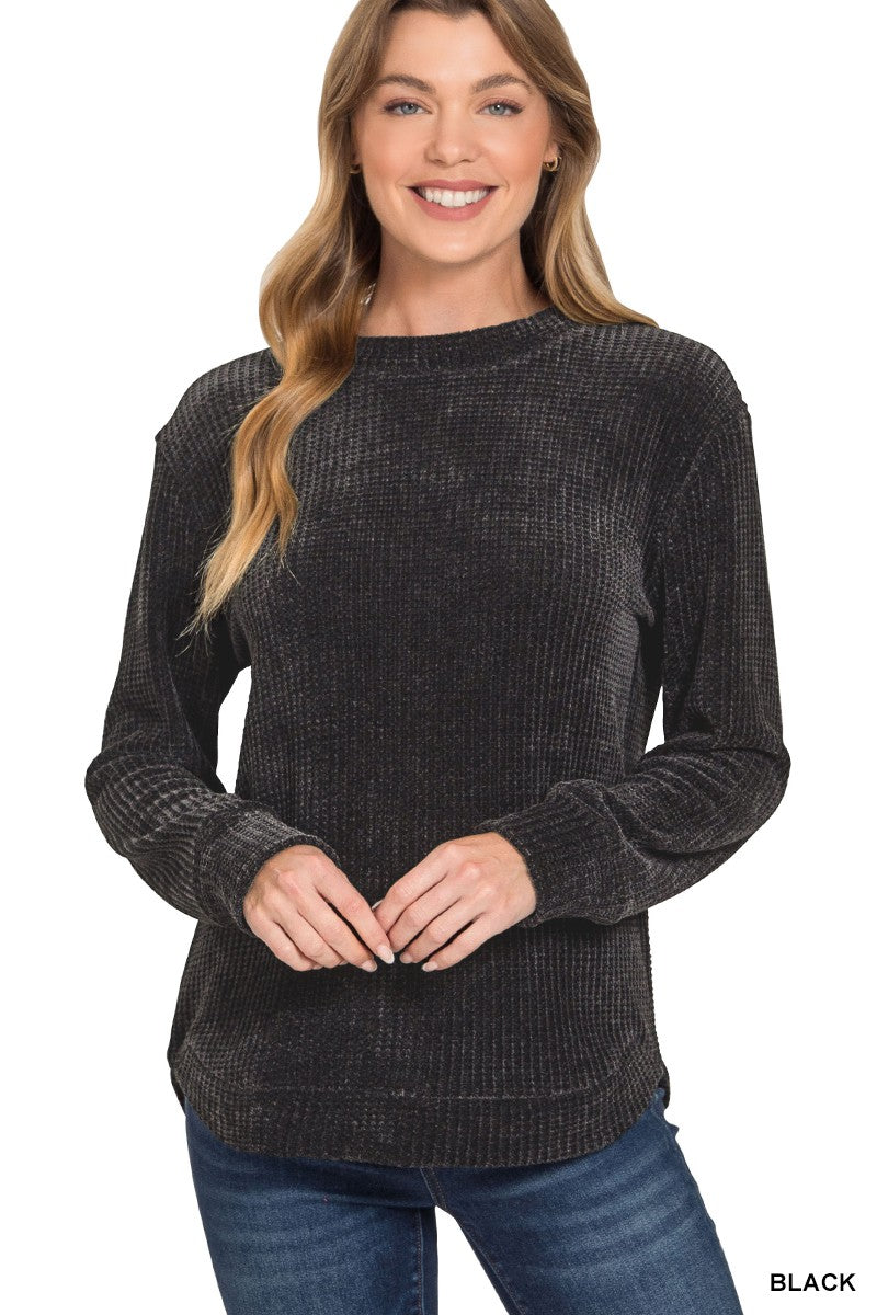 Black Chenille Waffle Round Neck Sweater