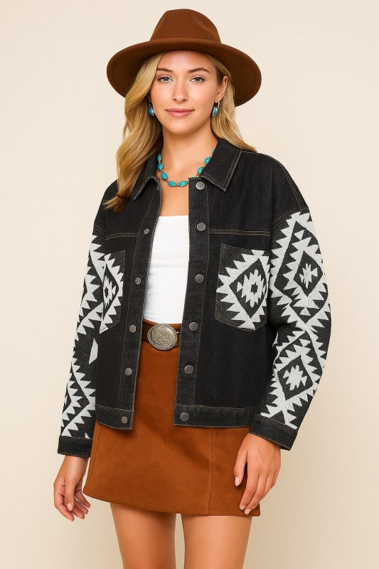 Black & White Aztec Print Denim Jacket