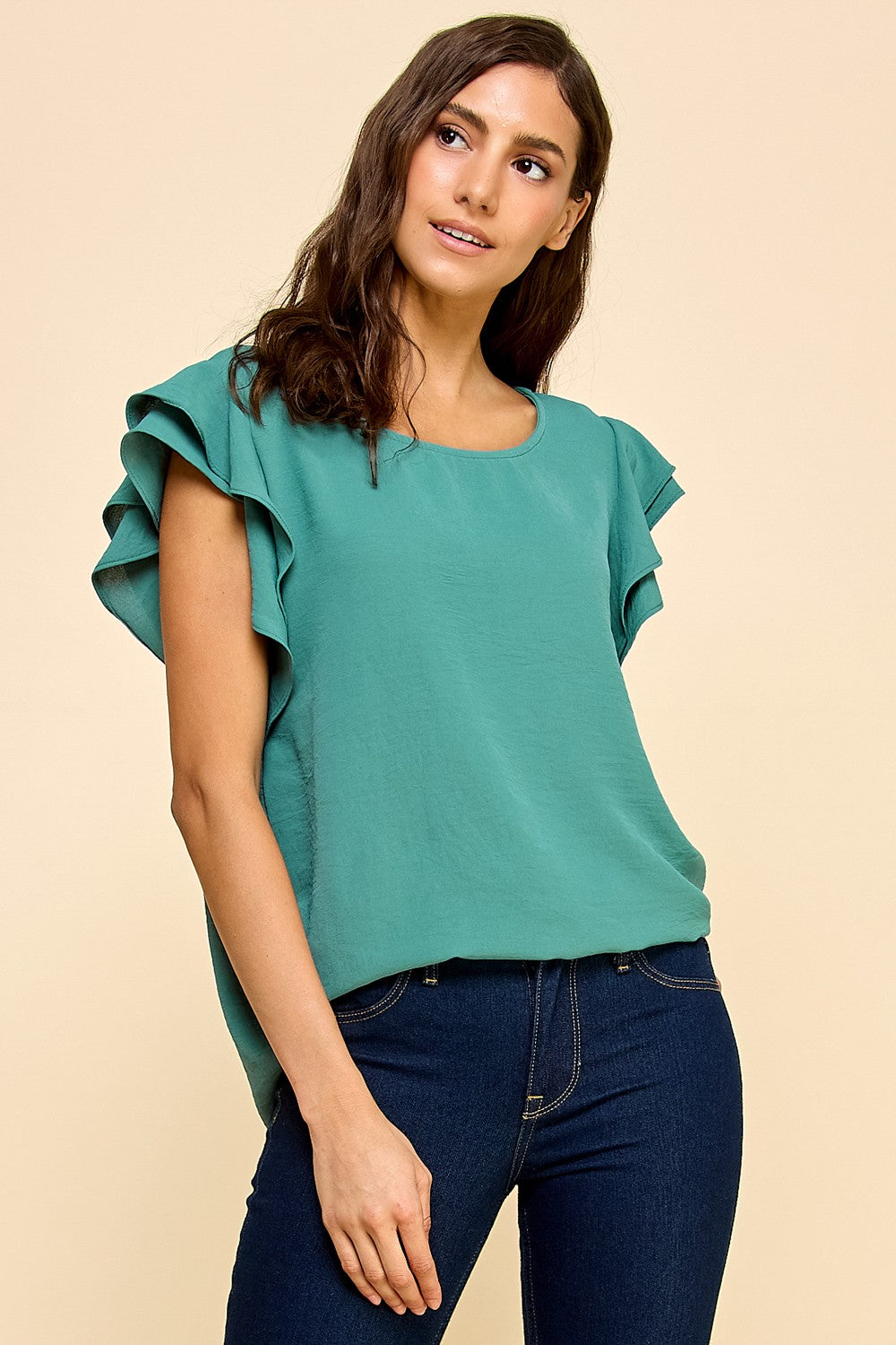 Dusty Teal Double Ruffle Blouse Top