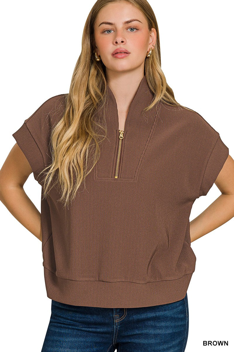 Brown Ribbed High Neck Half Zip Top