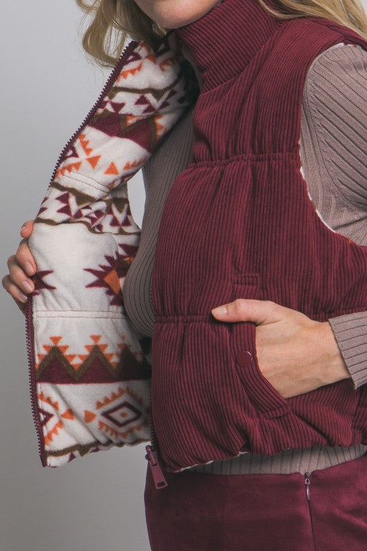 Burgundy Reversible Corduroy Puffer Vest