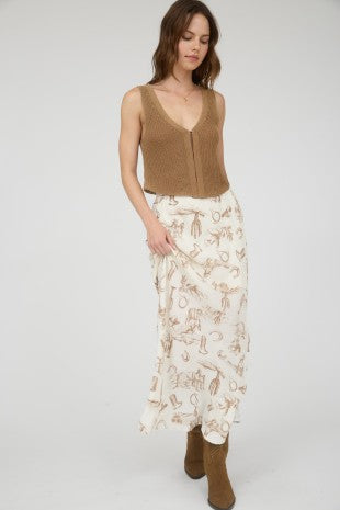 Ivory Western Print Lace Trim Midi Skirt