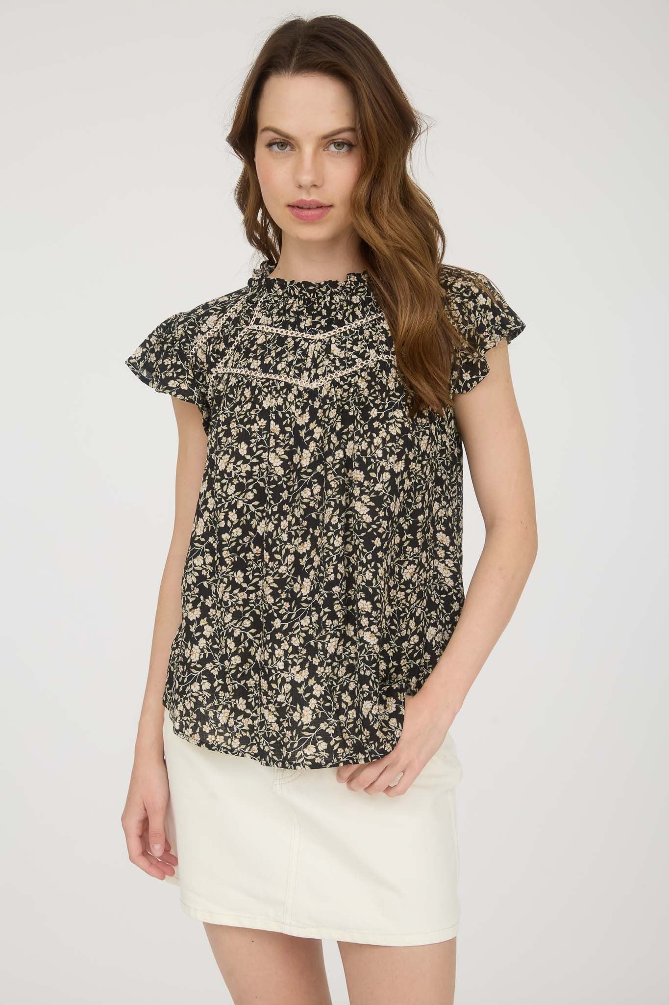 Black Floral Lace Yoke Ruffle Detail Short Sleeve Top