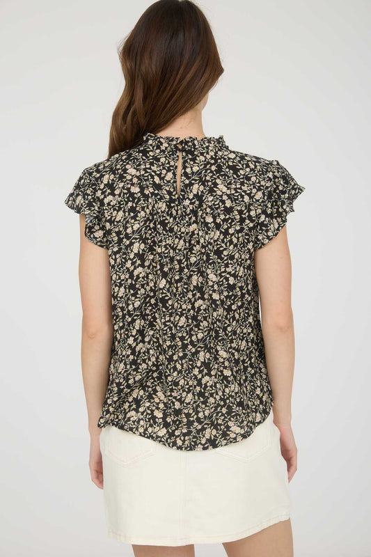 Black Floral Lace Yoke Ruffle Detail Short Sleeve Top