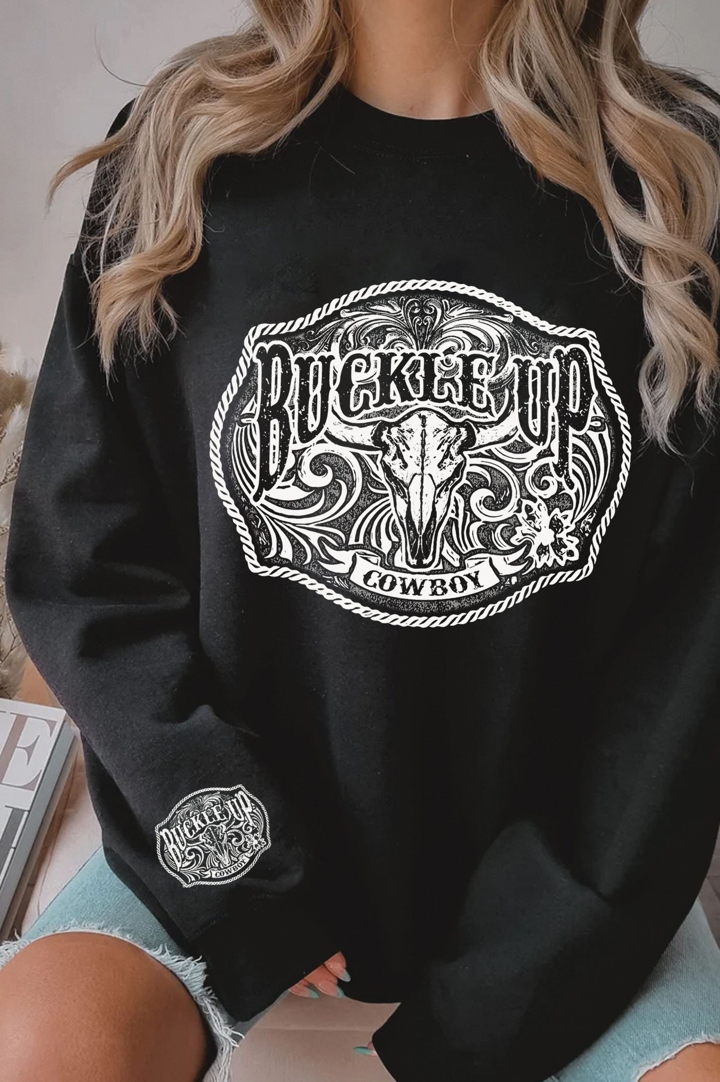 Black Buckle Up Cowboy Graphic Brushed Sweatshirts