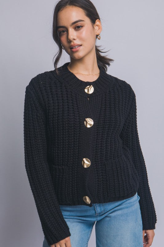 Black Chunky Knit Cardigan w Gold Buttons