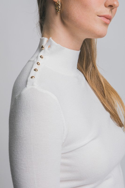 Ivory Button Detail Neck Long Sleeve Sweater Top