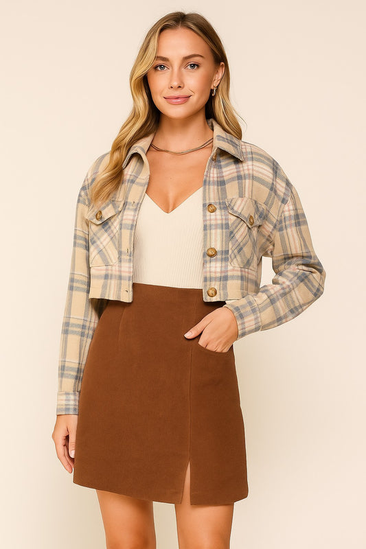 Tan and Blue Cropped Shacket