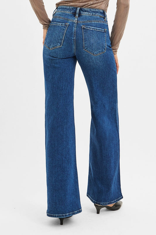 Risen Dark Mid Rise Wide Jeans W/ Front Patch Pocket