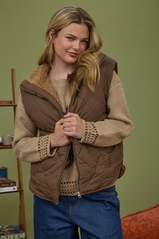 Brown Quilted Fleece Lined Vest
