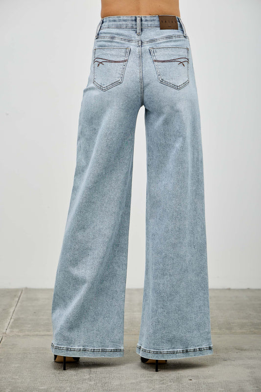 Saige High Rise Wide Leg Light Wash Rope Detail