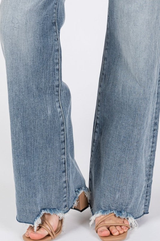 PETRA LIGHT WASH HIGH RISE STRETCH VINTAGE FLARE W/ FRAYED HEM JEANS