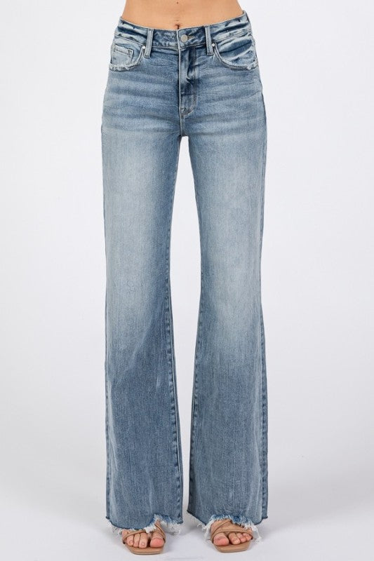 PETRA LIGHT WASH HIGH RISE STRETCH VINTAGE FLARE W/ FRAYED HEM JEANS