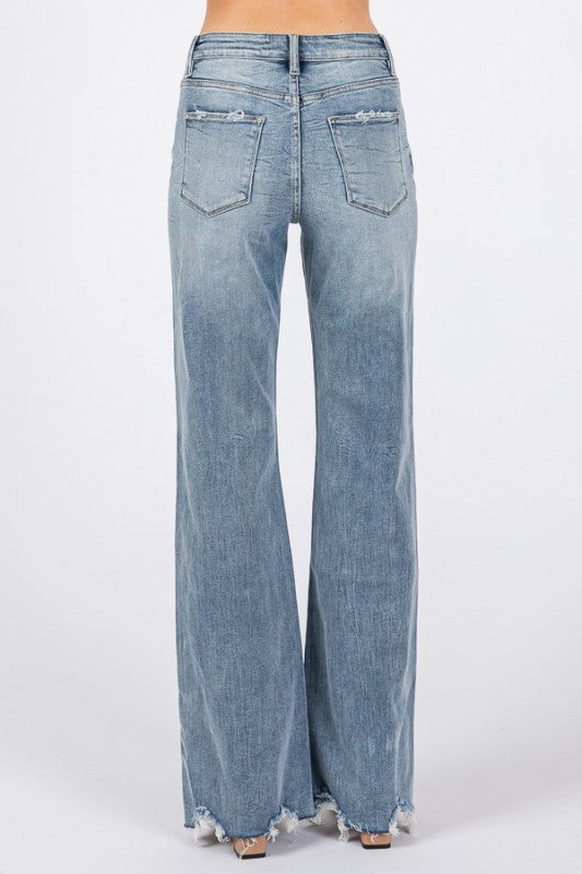 PETRA LIGHT WASH HIGH RISE STRETCH VINTAGE FLARE W/ FRAYED HEM JEANS