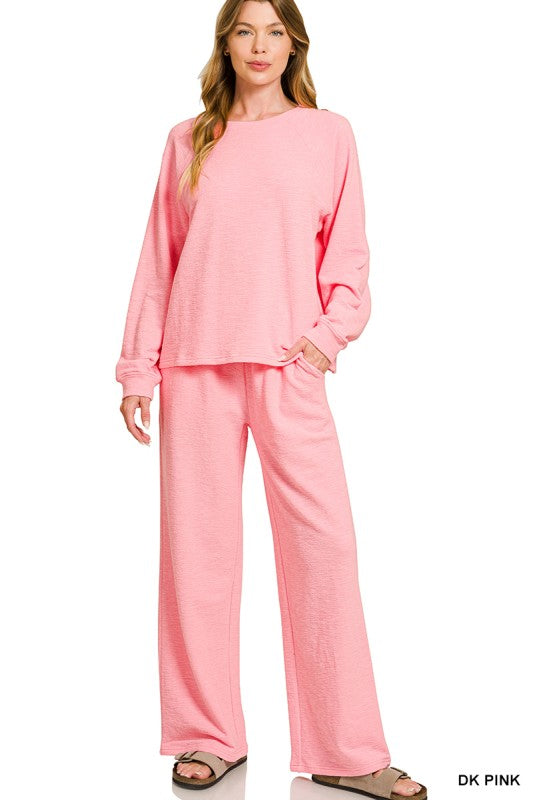 Pink Slub Long Sleeve Top & Pants 2pcs Set