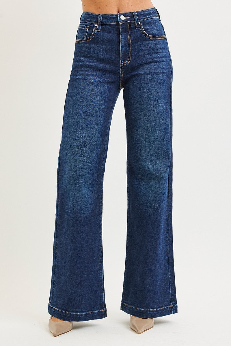 Risen Dark Wash High Rise Wid Leg Trouser Jeans