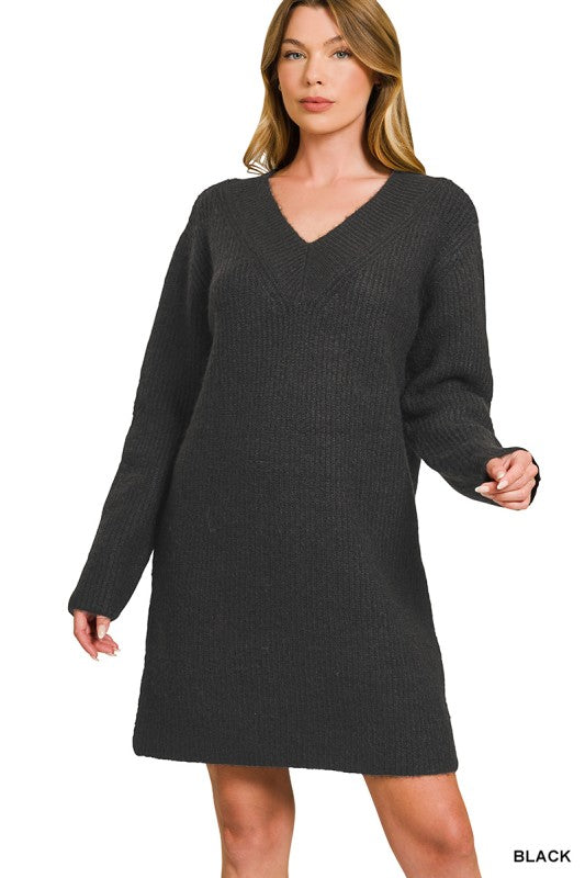 Black V Neck Sweater Dress