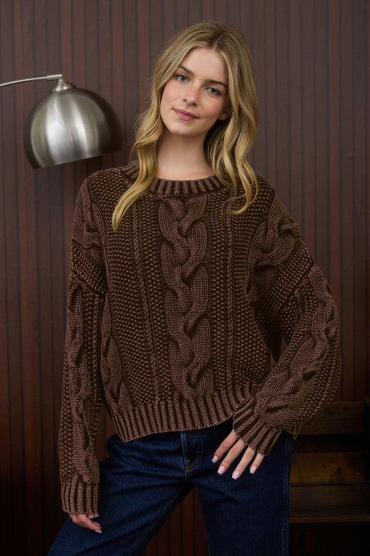 Plum Washed Cable Knit Pullover Sweater