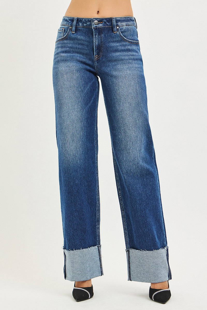 Risen Dark Wash Mid Rise Wide Straight Jeans W/ Wide Cuff