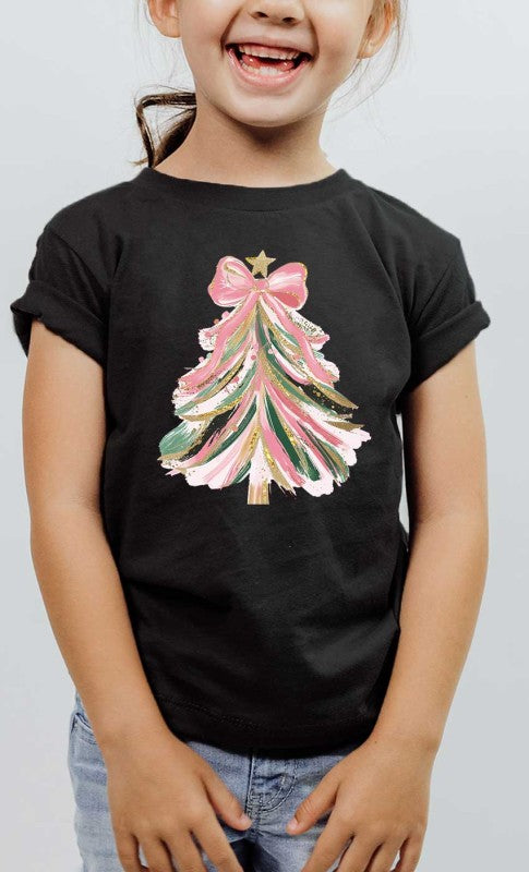 Youth Glitter Pink Bow Christmas Tree Graphic Tee