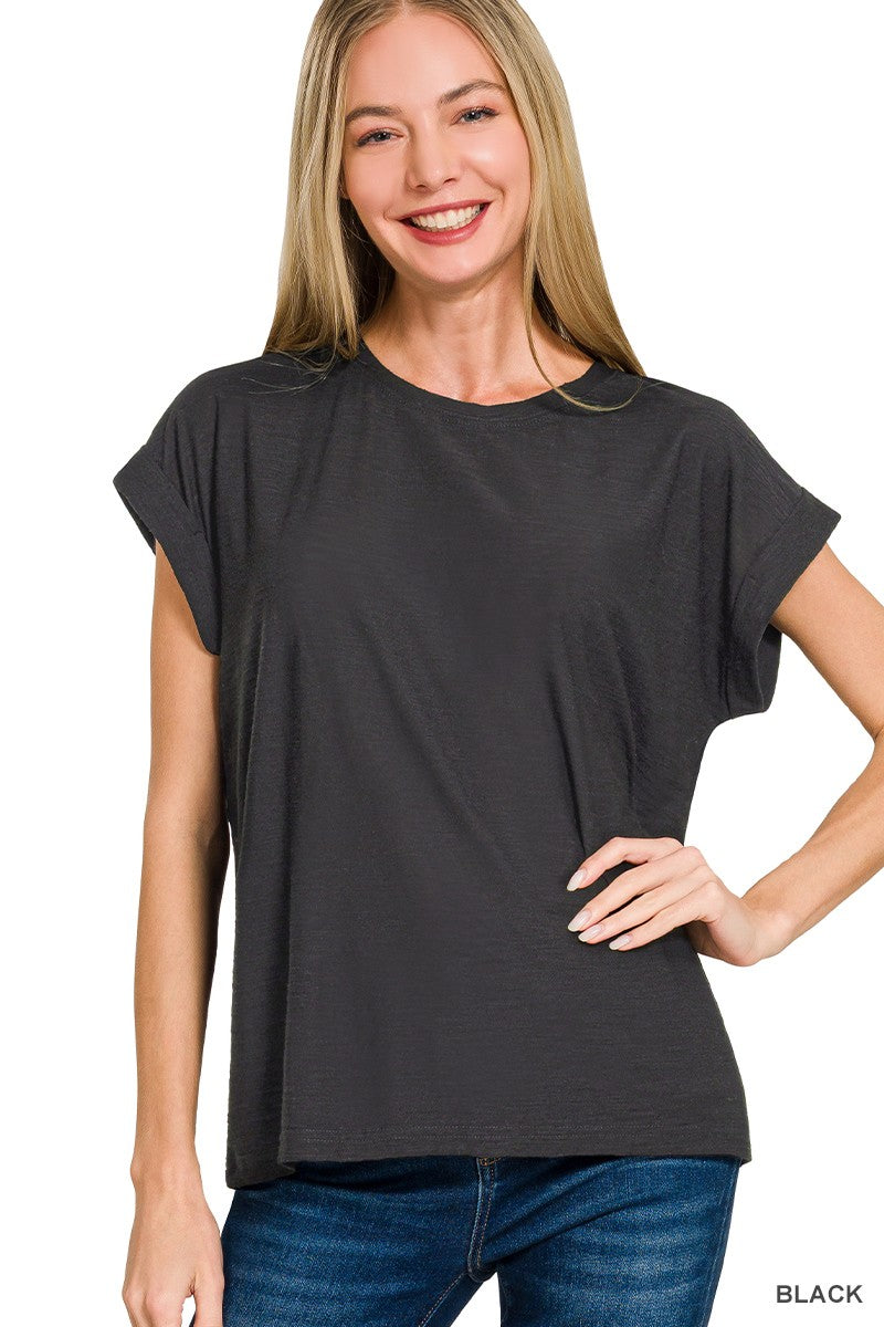 Black Slub Cuffed Sleeve Tee