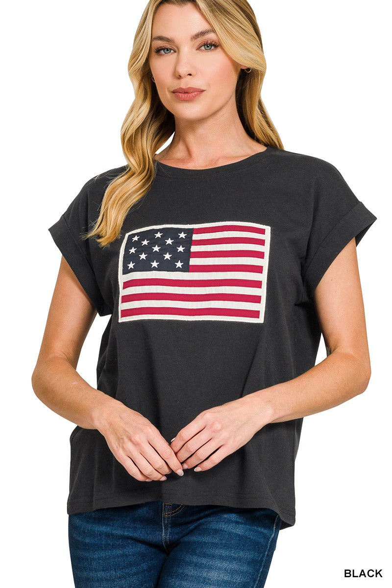 Black Rolled Sleeve American Tee