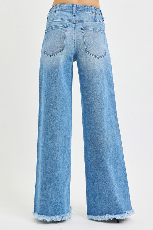 Risen Light Wash, High Tie Waist, Wide Leg Denim