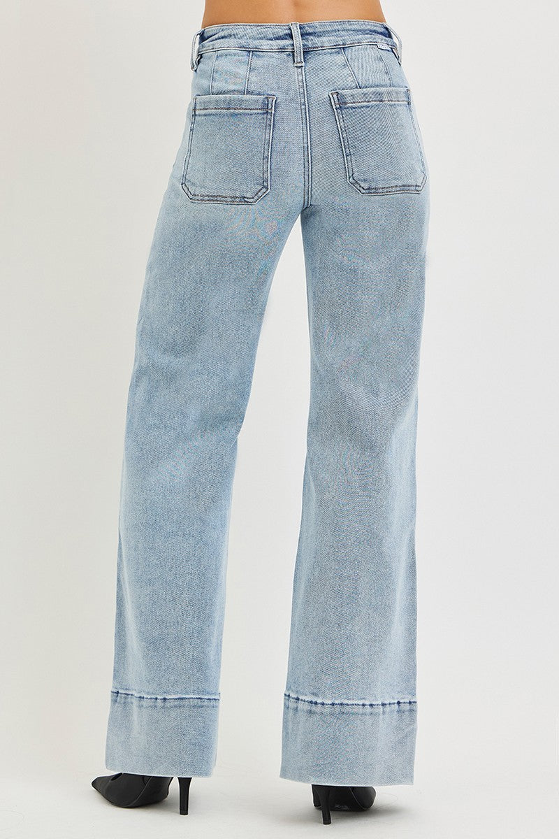 Risen Light Wash Tummy Control Mid Rise, Front Seam, Wide Hem Jeans