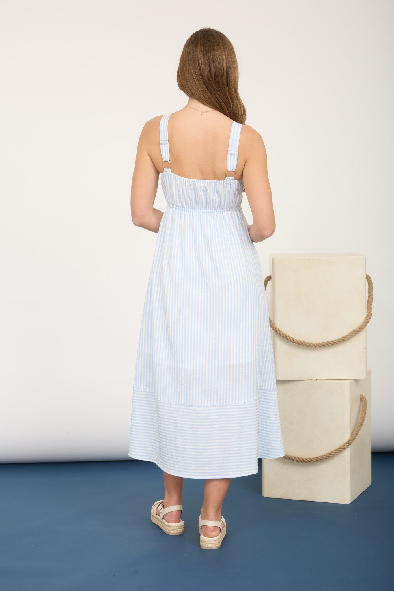 BLUE & WHITE STRIPE SWEETHEART BUTTON DOWN SLEEVELESS MIDI DRESS